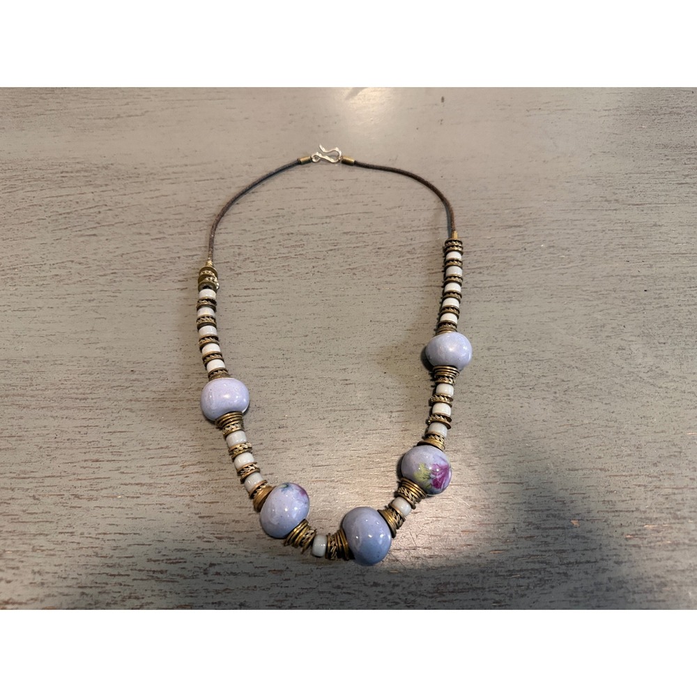 Artisan Ceramic Floral Bead Necklace Periwinkle Blue Brass Spacers Boho 23 Inch